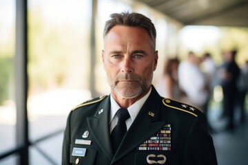 Portrait of a handsome mature man in military uniform at the airport - obrazy, fototapety, plakaty