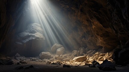 Flashlight light on the cave walls. Photo taken from inside, with ray of light