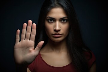 A woman signaling a stop or no gesture with her hand.