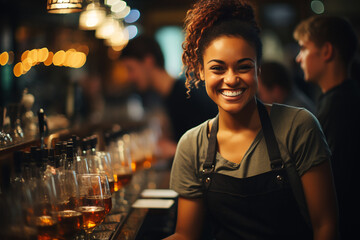 African-American woman is in a bar, she is smiling, she has cocktails to drink together with her.