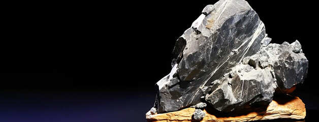 Alamosite is a rare precious natural stone on a black background. AI generated. Header banner mockup with space.