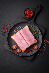Delicious sandwich with toast bread, ham, tomatoes, salt and spices