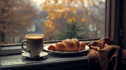 delicious hot coffee and a croissant on the windowsill. outside the window is winter - obrazy, fototapety, plakaty