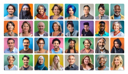 Diverse people. Social network or business team. Fictitious AI generated people. PNG format with transparency.
