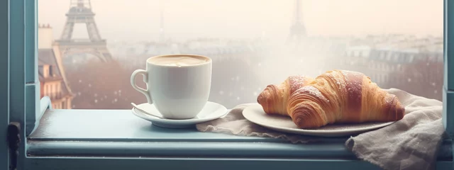 Fotobehang delicious hot coffee and a croissant on the windowsill. outside the window is winter © Артур Комис