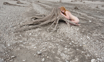redheaded woman with long hair nestles sensually naked against a withered tree stump in the dry...