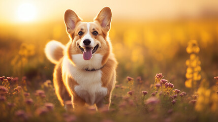 Corgi dog pembroke welsh corgi walking outdoor in summer park