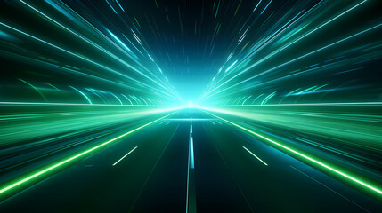 green light abstract background, data transfer, fast road, light speed, light arc