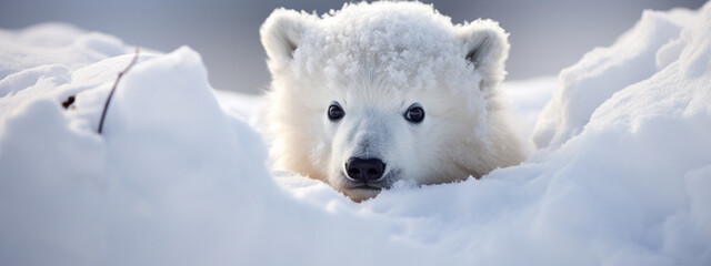 cute little polar bear on the background of a snowy forest - obrazy, fototapety, plakaty