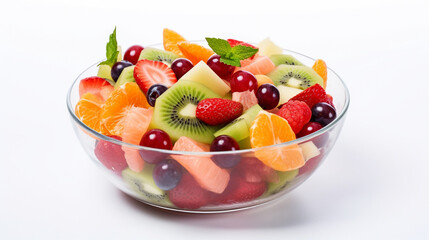 A bowl of healthy fresh fruit salad on a white background
