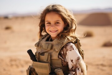Portrait of a beautiful little girl playing in the desert. The girl is dressed in a military uniform.