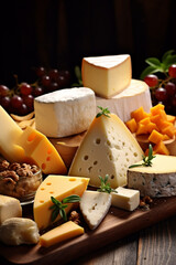 Wooden board with different types of cheese and grapes