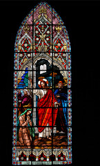 Basilica of the National Vow,  Roman Catholic church located in the historic center of Quito, Ecuador. Stained glass depicting Jesus and the woman taken in adultery