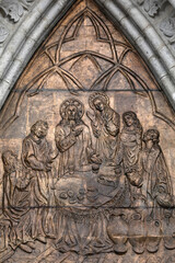 Basilica of the National Vow (Spanish: BasÃ­lica del Voto Nacional), Roman Catholic church located in the historic center of Quito, Ecuador. Tympanum relief depicting the wedding and miracle at Cana