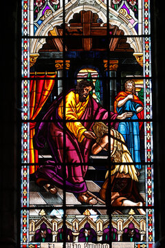 Basilica of the National Vow (Spanish: BasÃ­lica del Voto Nacional), Roman Catholic church located in the historic center of Quito, Ecuador. Stained glass depicting the return of the prodigal son