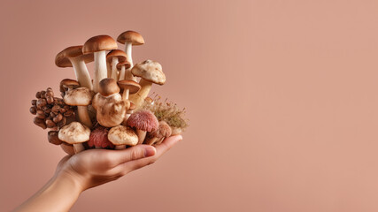 Hand holding mushroom vegetable isolated on pastel background - Powered by Adobe
