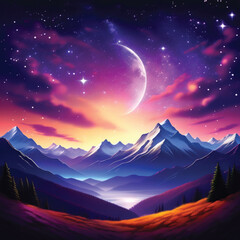 realistic illustration of mountains, in the middle of the night, with many sparkling stars, with bright moonlight, with black and purple colors