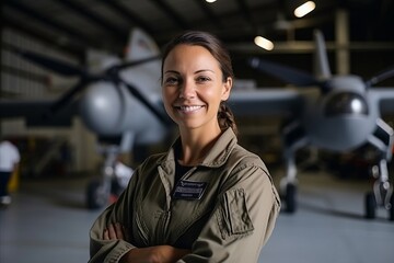 Portrait of a beautiful young woman standing with arms crossed in a hangar