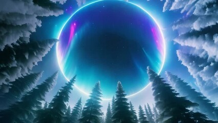 Enchanted forest with a glowing celestial ring in a snowy 3D animation - Powered by Adobe