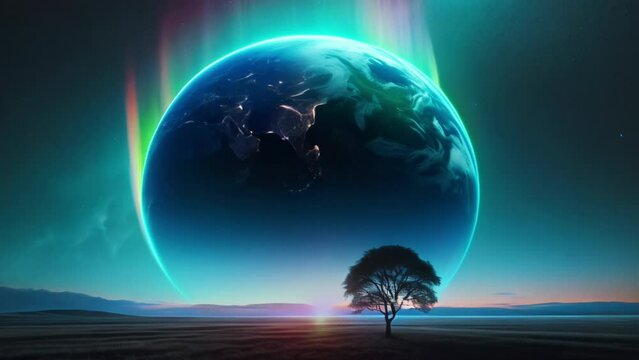 Lone tree on a plain with a spectacular 3D animated Earthrise and aurora.
