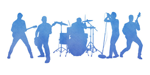 Watercolor silhouette musical group or rock band playing a concert on stage - obrazy, fototapety, plakaty