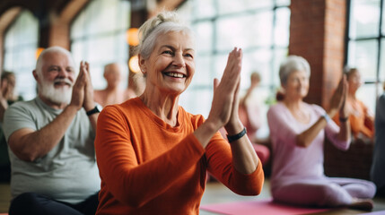 aged people do yoga. training. Healthy lifestyle concept - obrazy, fototapety, plakaty
