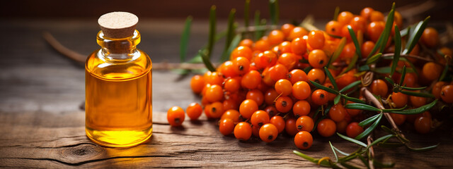 A bottle of healthy sea buckthorn oil on a wooden background.