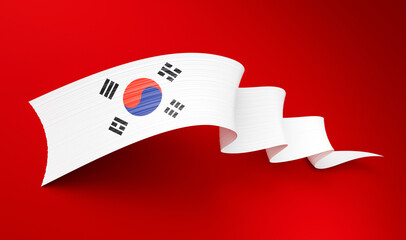 3d Flag Of South Korea 3d Shiny Waving Flag Ribbon Isolated On Red Background, 3d illustration