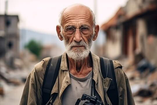 Portrait of an old man with a camera on the street.