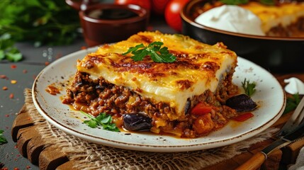 Traditional Greek Moussaka with Béchamel Sauce and Fresh Parsley