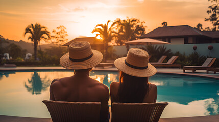 Obraz premium couples sitting near pool in luxuary villia near beach enjoying sunset or sunrise