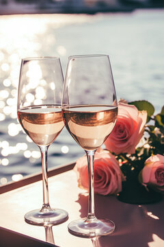 two glasses of pink wine and a bouquet of roses on a wooden surface, blue ocean in the background.