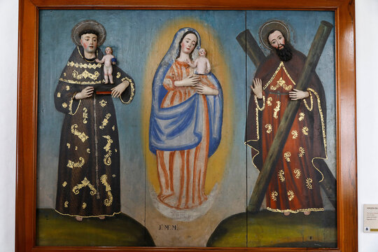 Fray Pedro Gocial museum in San Francisco's convent, Quito, Ecuador. Painting depicting the Virgin of Chiquinquira surrounded by saints (18th century, anonymous)