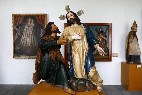 Fray Pedro Gocial museum in San Francisco's convent, Quito, Ecuador. 17th-century sculpture depicting the treason of Jesus by Judas