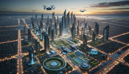 未来都市に飛行船やドローンが飛んでいるイメージ画像　SF画像