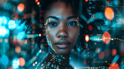  futuristic tech black  woman with Line of Code Projected on Her Face and Reflecting. Software Developer Working on Innovative e-Commerce App using AI, Big Data - obrazy, fototapety, plakaty