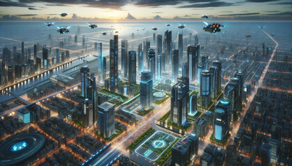未来都市に飛行船が飛んでいるイメージ画像　SF画像 - obrazy, fototapety, plakaty