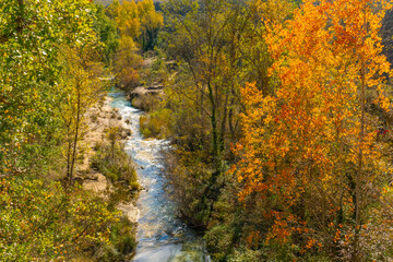 Aerial view of the Vero river in the town of Pozan de Vero in the Pyrenees, Huesca