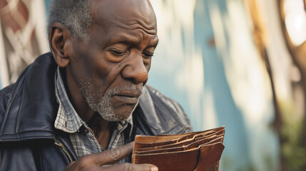 Elderly Man Grappling with Financial Reality: A Poignant Scene of an Empty Wallet, Symbolizing the Struggles of Retirement, Economic Hardship, and the Pressures Faced by Seniors in Today's Society - obrazy, fototapety, plakaty