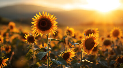 Beautiful field of blooming sunflowers against sunset golden light and blurry mountains landscape background - obrazy, fototapety, plakaty