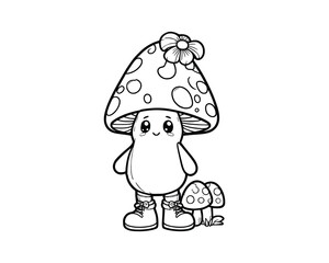 Cute Cartoon Character of mushroom for coloring book. outline line art. Printable Design. isolated white background