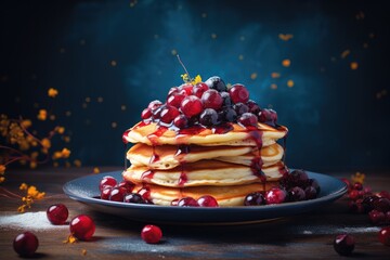 Pancakes with berries and maple syrup on a dark background. February: Shrove Tuesday  - obrazy, fototapety, plakaty