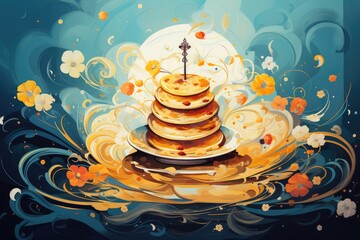 Illustration of a stack of pancakes with a cross on top. February: Shrove Tuesday  - obrazy, fototapety, plakaty