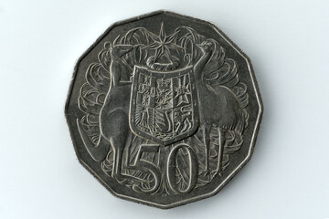 Close-up of twelve-sided 50 cent coin of Australia against white background. Photo taken December 31st, 2023, Zurich, Switzerland.