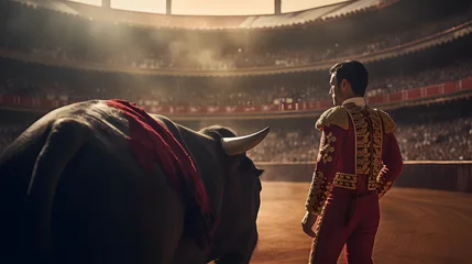 Poster Im Rahmen Spanish matador in traditional attire facing a bull in a bullfighting arena. © Simon