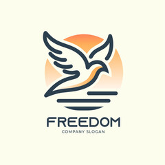 Bird Logo Design Vector Template.
Birds Flying over the Ocean or Sea Between Open Sky with Sunset View Vector Illustration.
Freedom Sign or Symbol Line Art Logo Element.
Dove Or Eagle Creative Icon