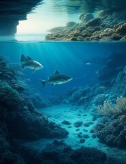 Serene underwater ocean view with sharks swimming