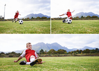 Happy boy, soccer and collage of slide tackle on green grass or field for outdoor match or game. Male person, child or football player playing with ball for sports or competition on stadium in nature