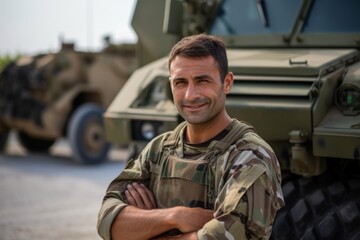 Portrait of confident soldier standing with arms crossed in front of military vehicle