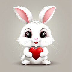 Fototapeta premium Cute white rabbit with red heart on gray background. Cartoon style. Generative AI.